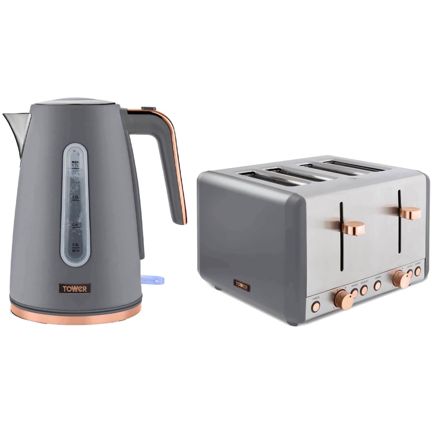 Bild von Tower Cavaletto Jug Kettle & 4 Slice Toaster Set – Grey & Rose Gold